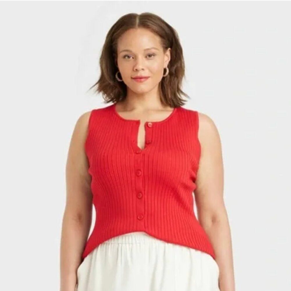 A New Day Tank Ribbed Button Front Sweater Red Large